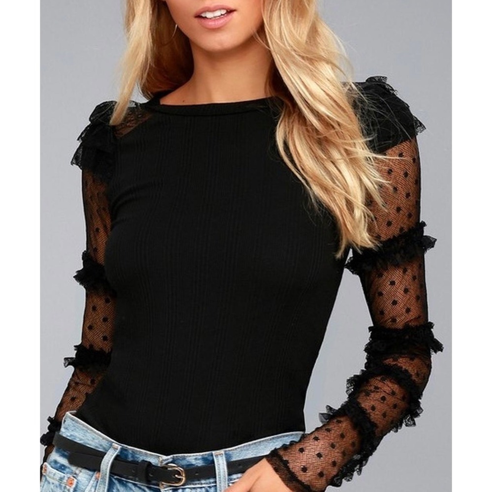Free People Polka Dot Mesh‎ Top Ruffle Long Sleeve Blouse  XS